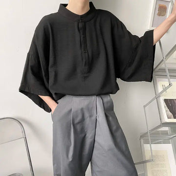 Riolio Summer Oversize Shirt Men's Fashion Black White Casual Shirt Men Streetwear Korean Loose Short Sleeve Shirts Mens Pullover Shirt